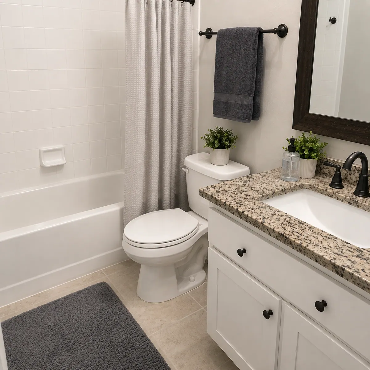 The same bathroom after cleaning, with a clear vanity, polished fixtures, fresh towels and a straightened mat