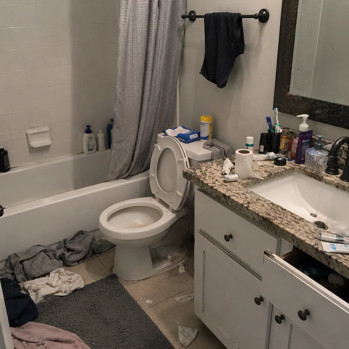 A bathroom before cleaning, with toiletries covering the vanity, towels on the floor and a soiled toilet