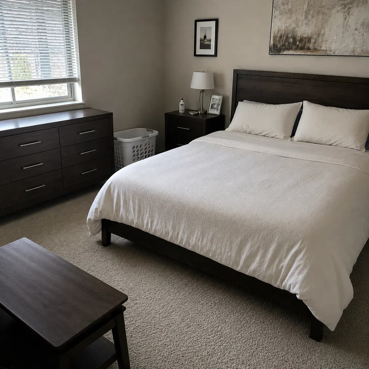 The same bedroom after cleaning, with the bed made, surfaces cleared and the carpet vacuumed
