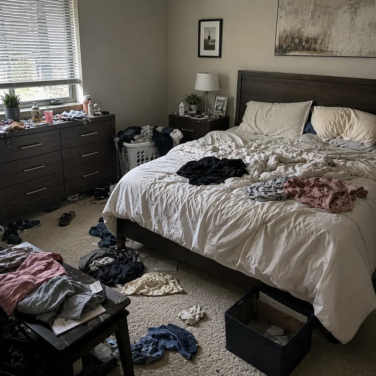 A bedroom before cleaning, with an unmade bed and clothing across the floor, dresser and bench