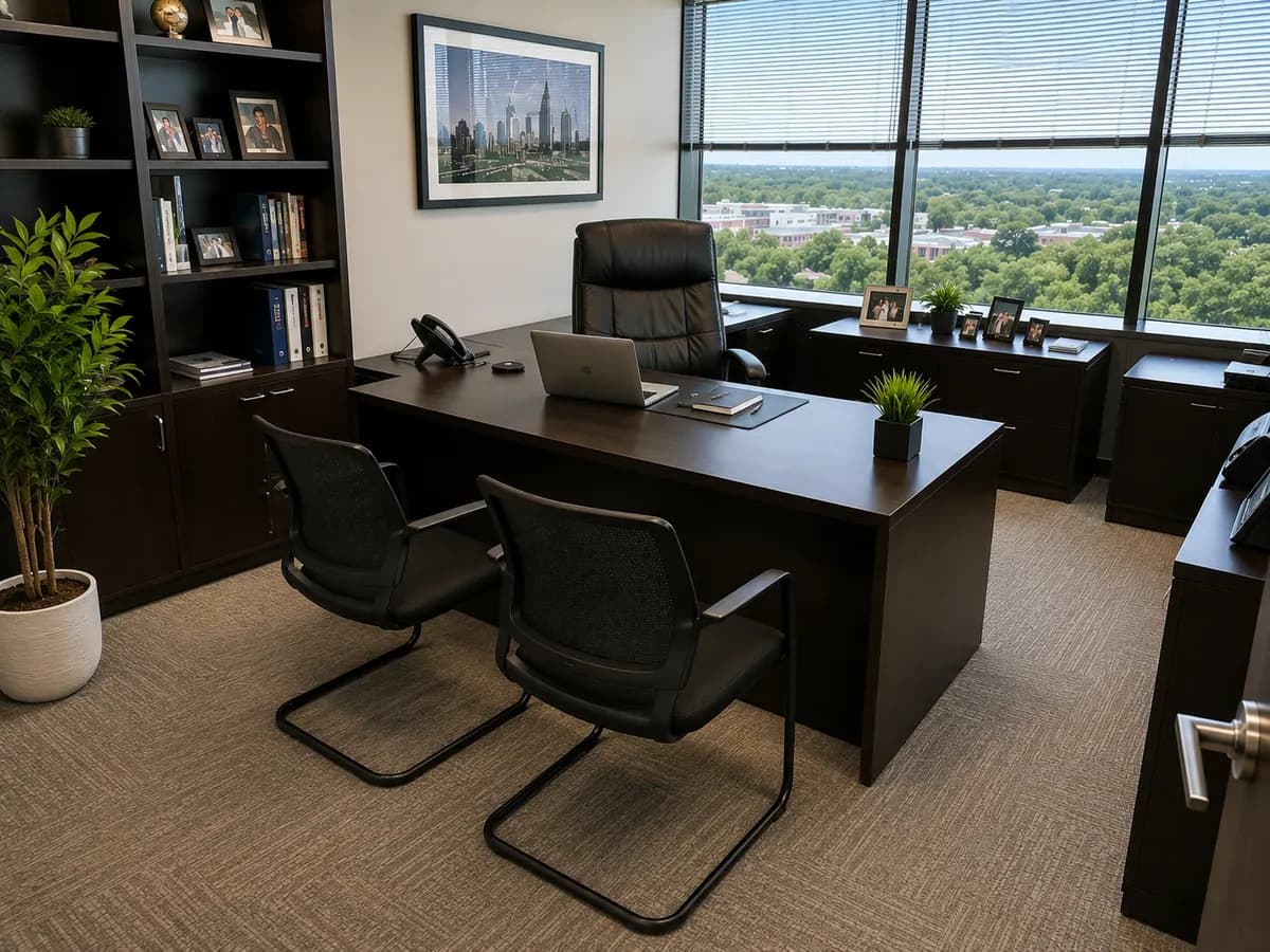 The same executive office after cleaning, with a clear desk, dusted shelving and vacuumed carpet