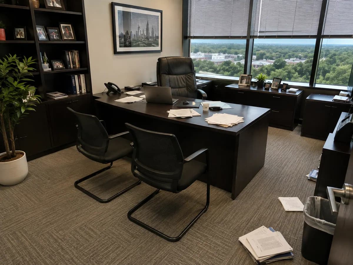 A private executive office before cleaning, with loose paper across the desk and floor and a full trash can
