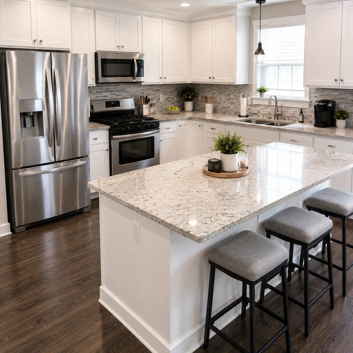 The same kitchen after cleaning, with cleared counters, a wiped island and mopped floors
