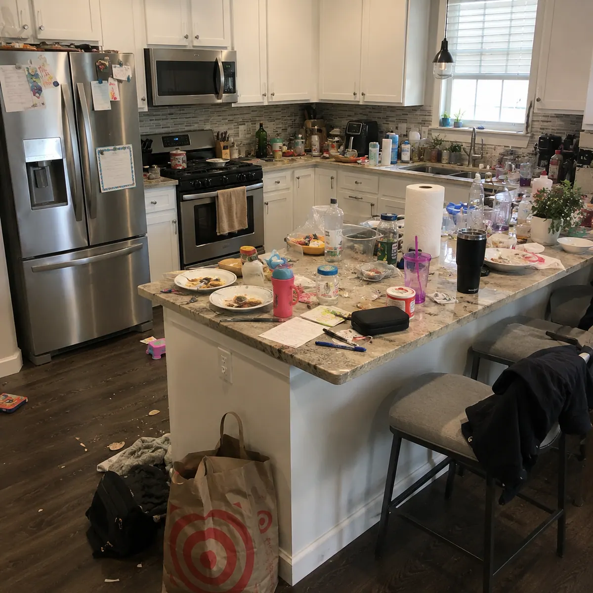 A kitchen before cleaning, with dishes, packaging and crumbs across the island, counters and floor