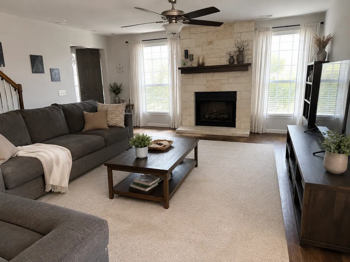The same living room after cleaning, with clear surfaces, a vacuumed rug and cushions straightened
