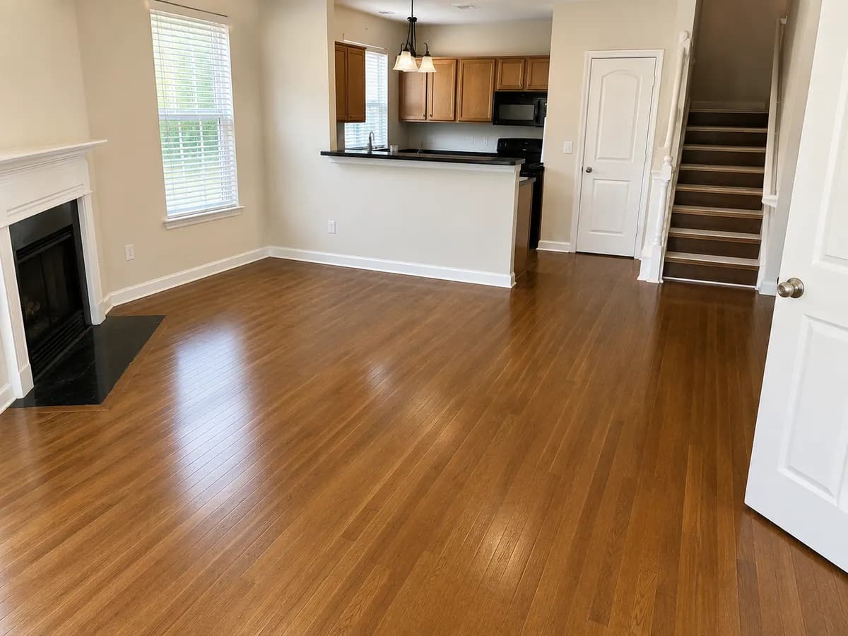The same empty living area after a move-out clean, with the hardwood floors cleaned and the room ready for handover