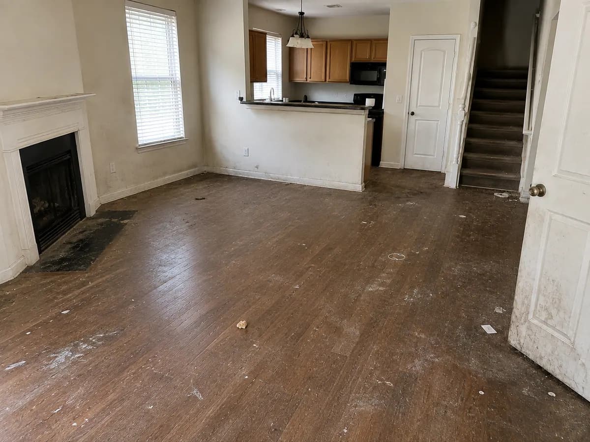An empty living area before a move-out clean, with dusty, marked hardwood floors and scuffed baseboards