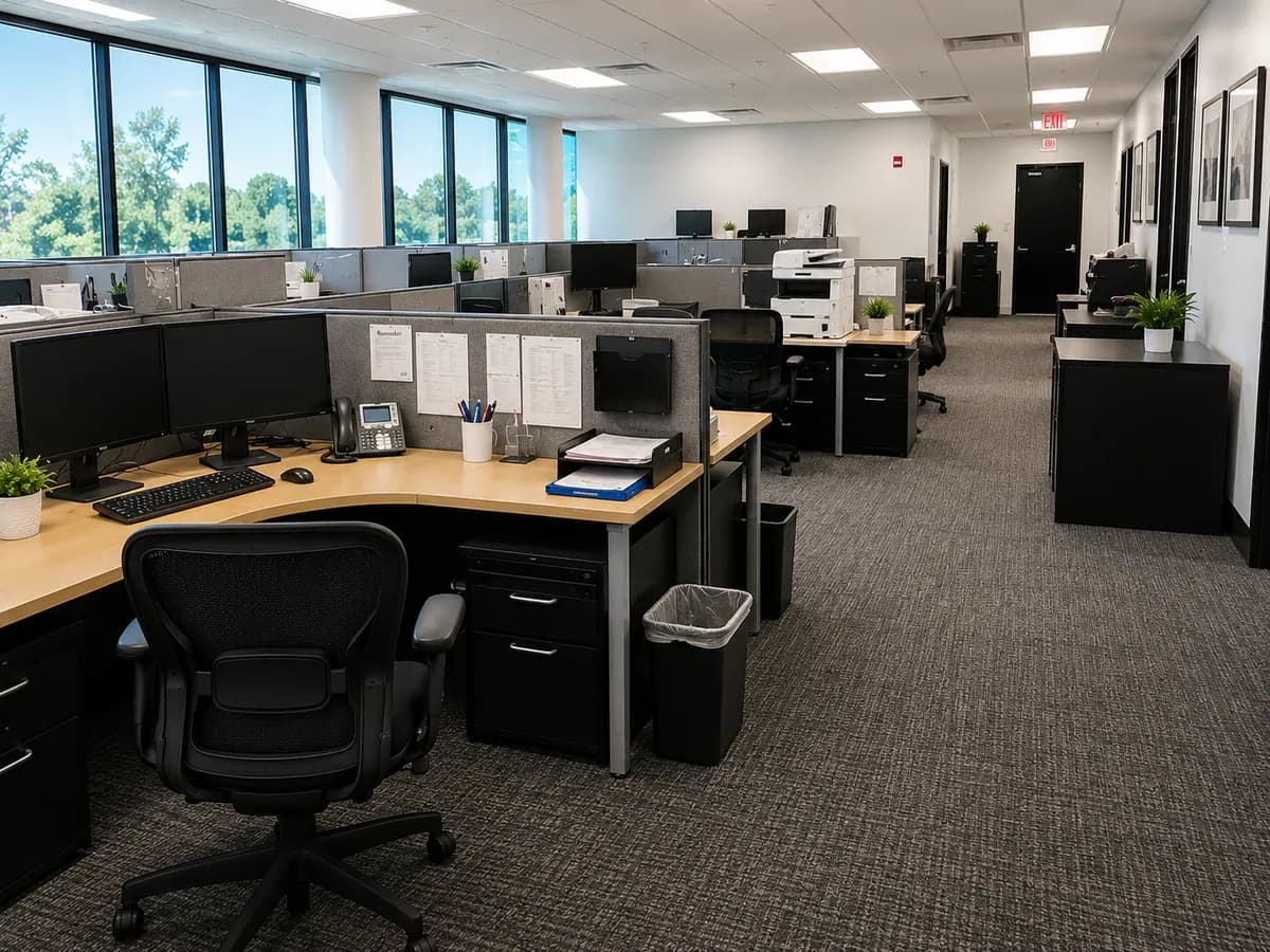 The same open-plan office after cleaning, with emptied trash, clear desks and vacuumed carpet