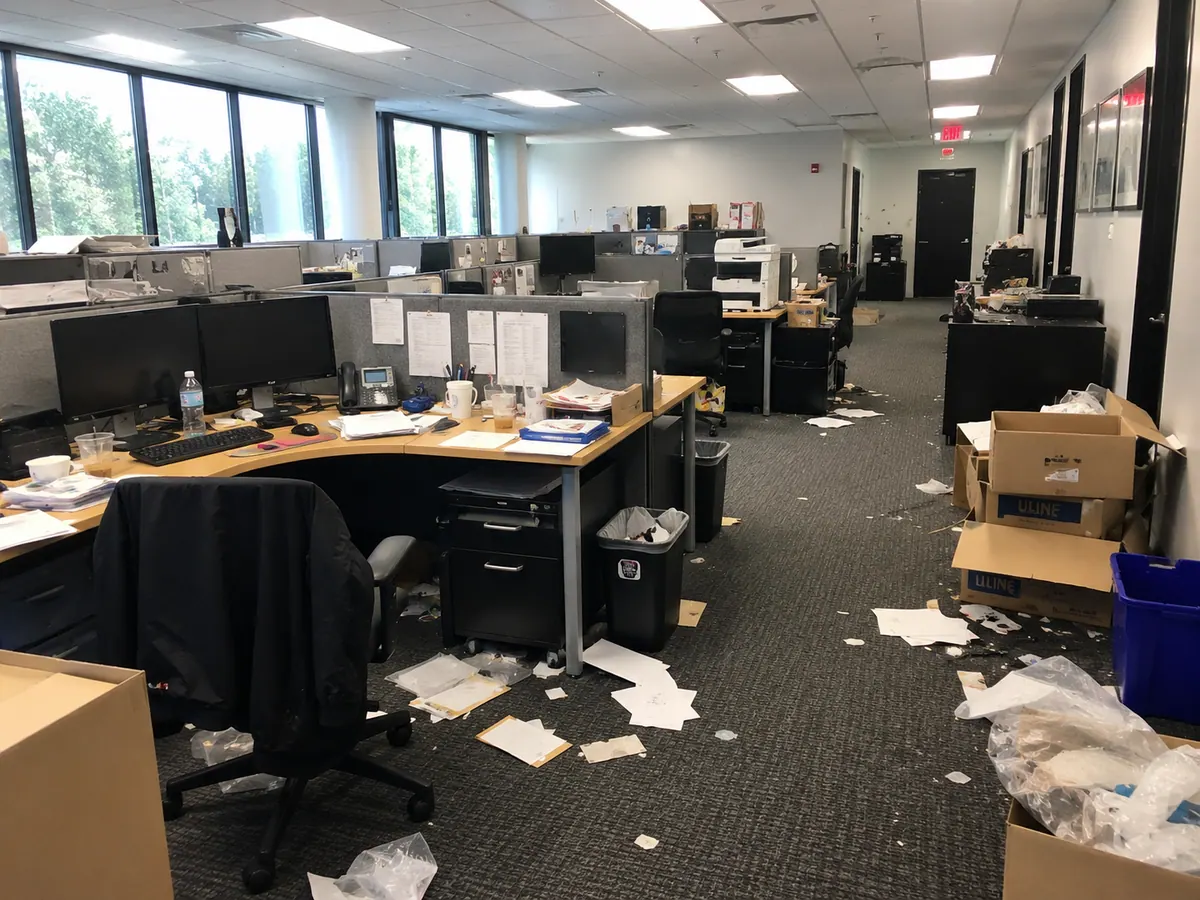 An open-plan office before cleaning, with overflowing trash cans, packing waste and paper across the carpet