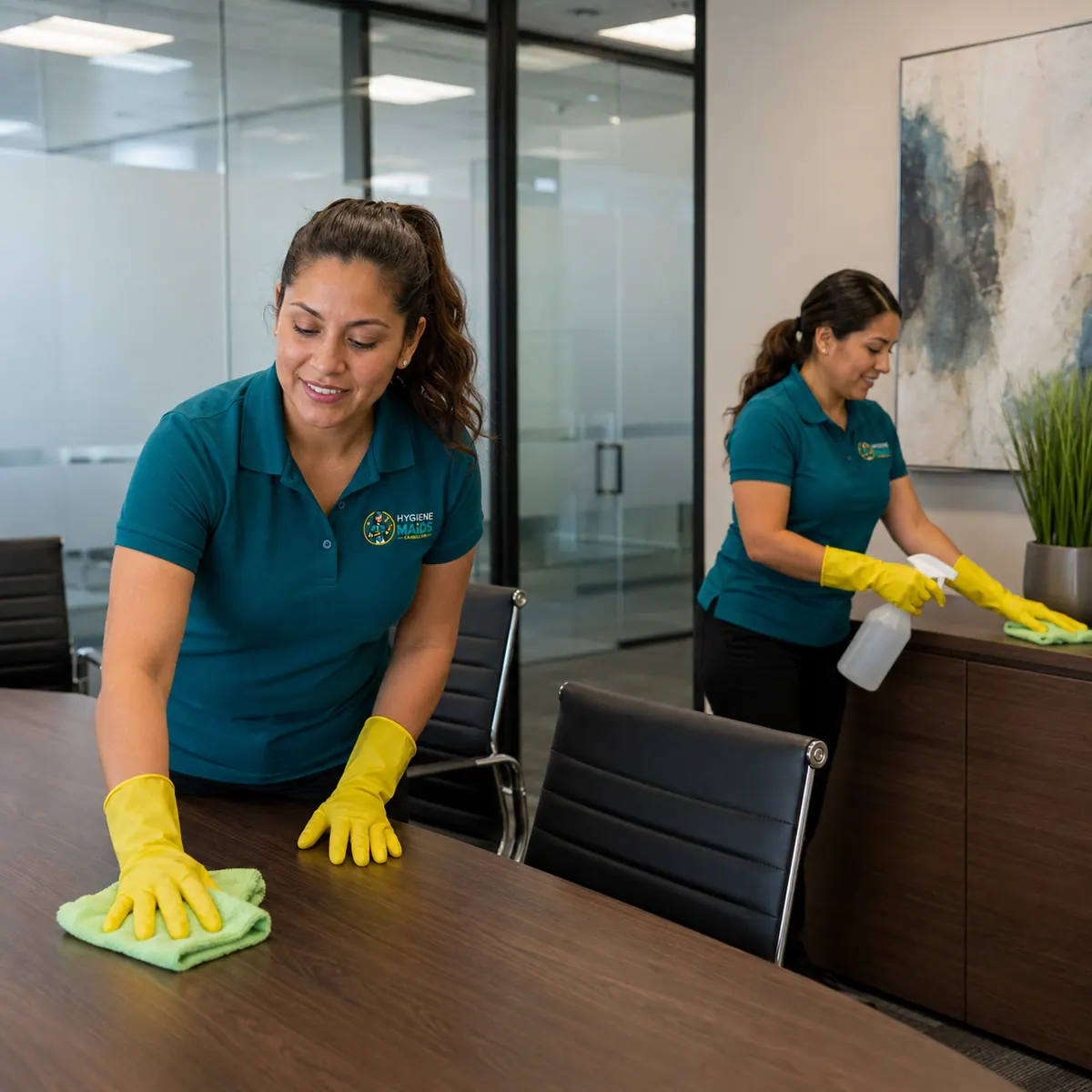 Two cleaners wiping a boardroom table and credenza in a glass-walled conference room