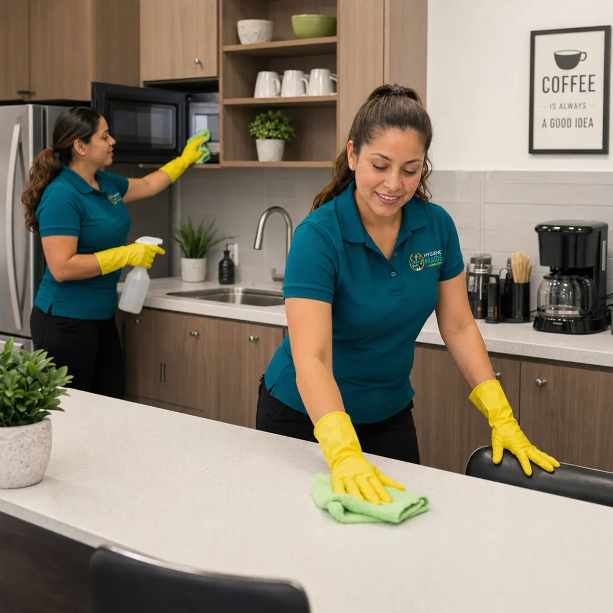 Cleaners wiping down counters and appliances in a food preparation area