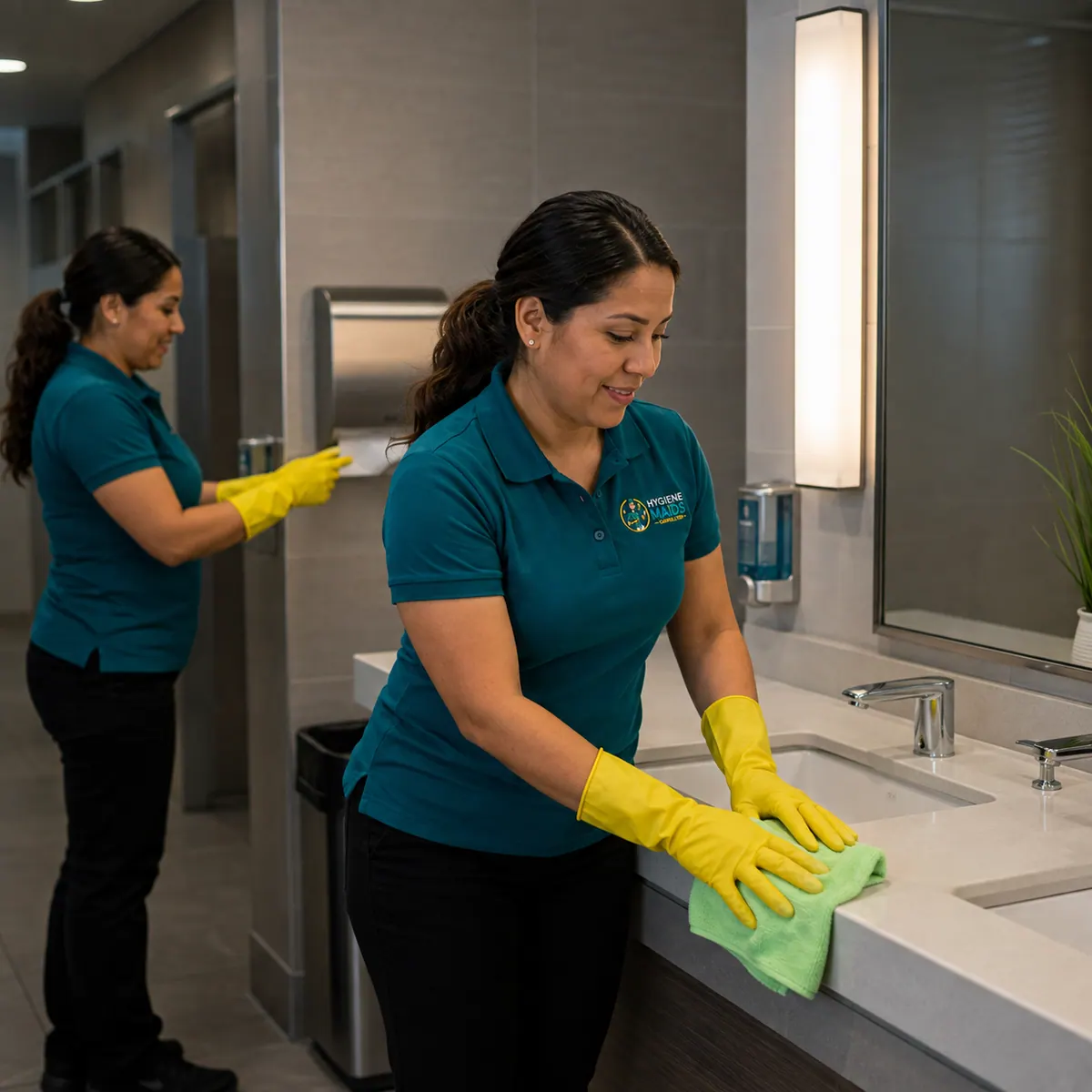 A cleaner wiping the counter in a commercial restroom while a colleague restocks the paper towel dispenser