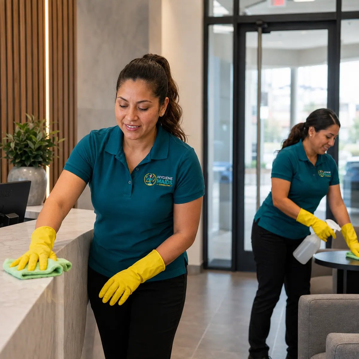 A cleaner wiping a reception desk in an office lobby while a colleague cleans a side table