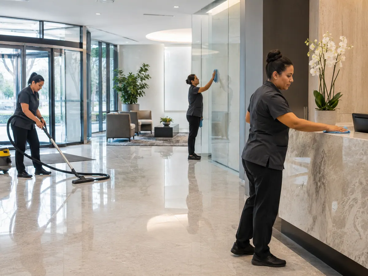 A three-person cleaning team mopping the floor, wiping glass and dusting the front desk in a building lobby