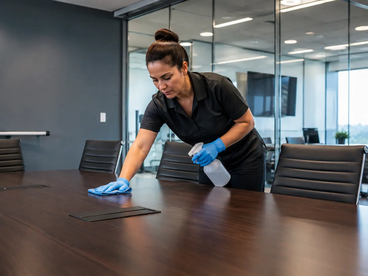 A cleaner wiping a long boardroom table in a corporate meeting room