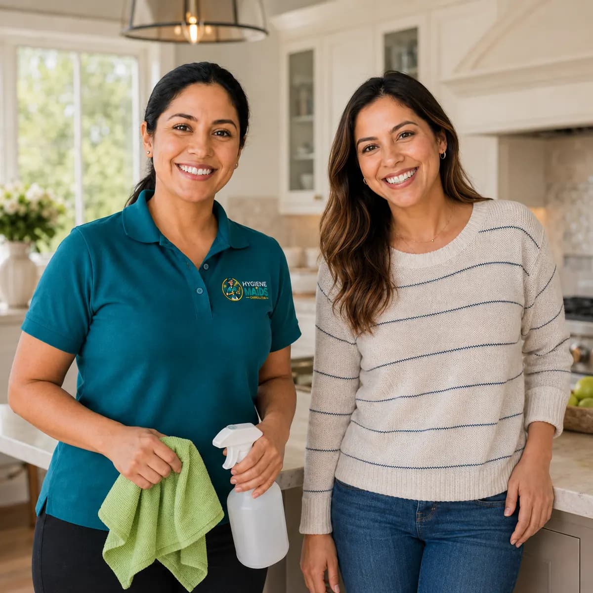 A cleaner and a homeowner standing together in a bright kitchen
