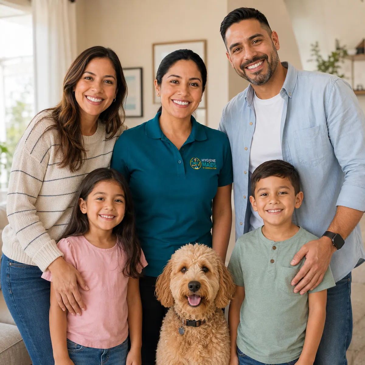 A cleaner photographed with a family of four and their dog at home