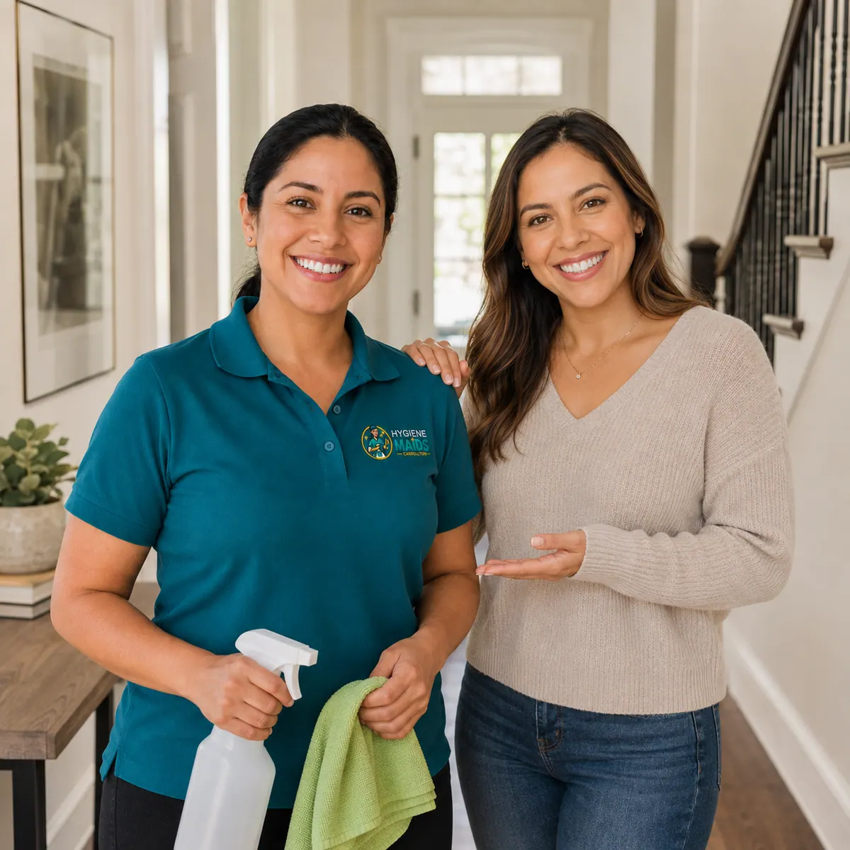 A cleaner and a homeowner standing in an entry hall beside a staircase