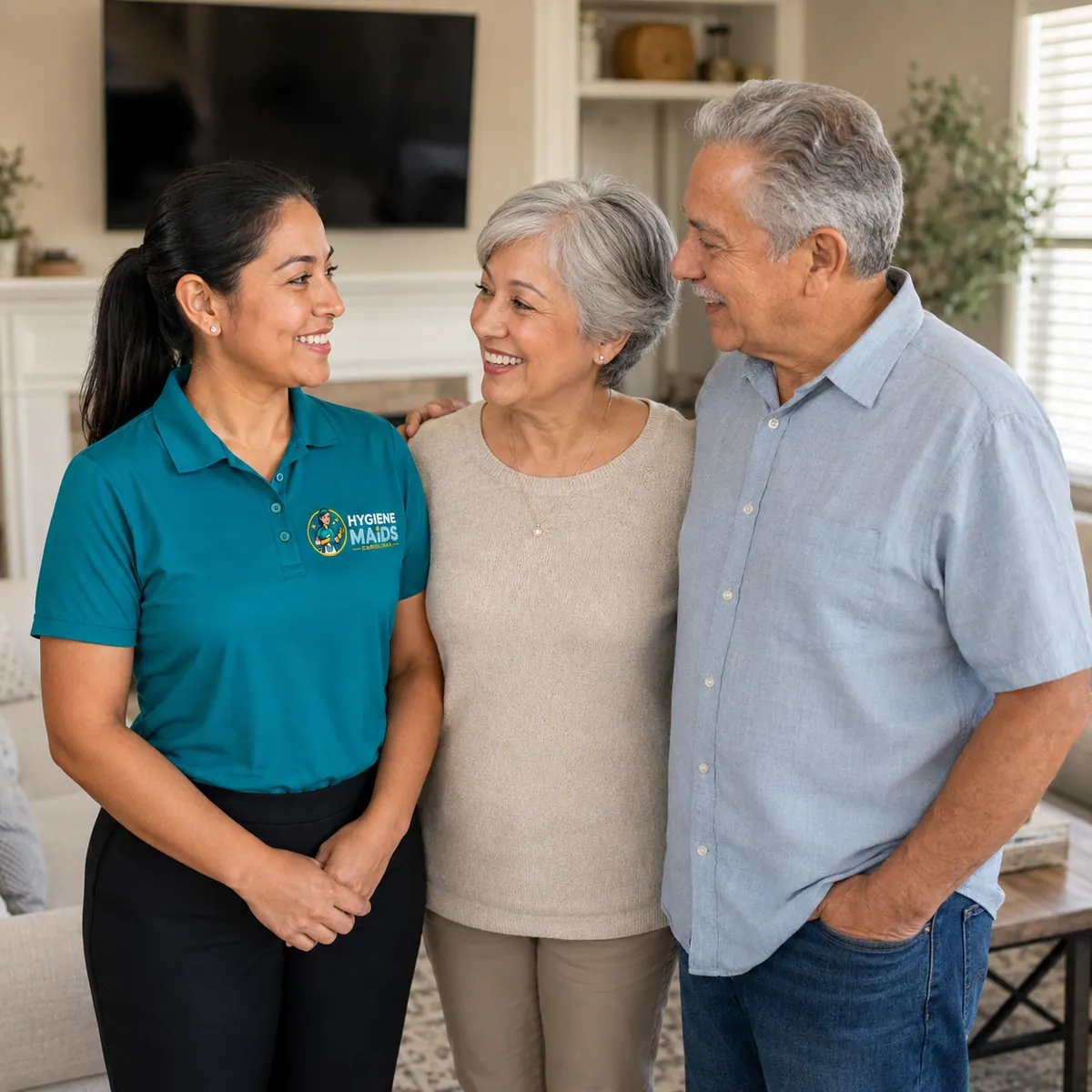 A cleaner talking with an older couple in their living room