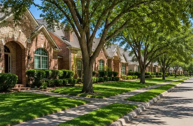 A tree-lined Carrollton street of established brick homes with mature front-yard trees