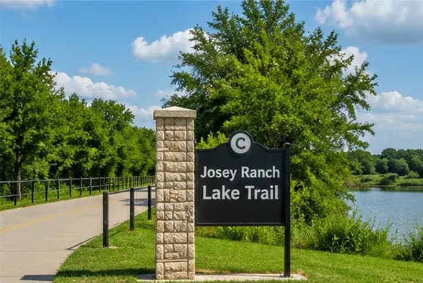 The Josey Ranch Lake Trail sign beside a paved path and the lake in Carrollton