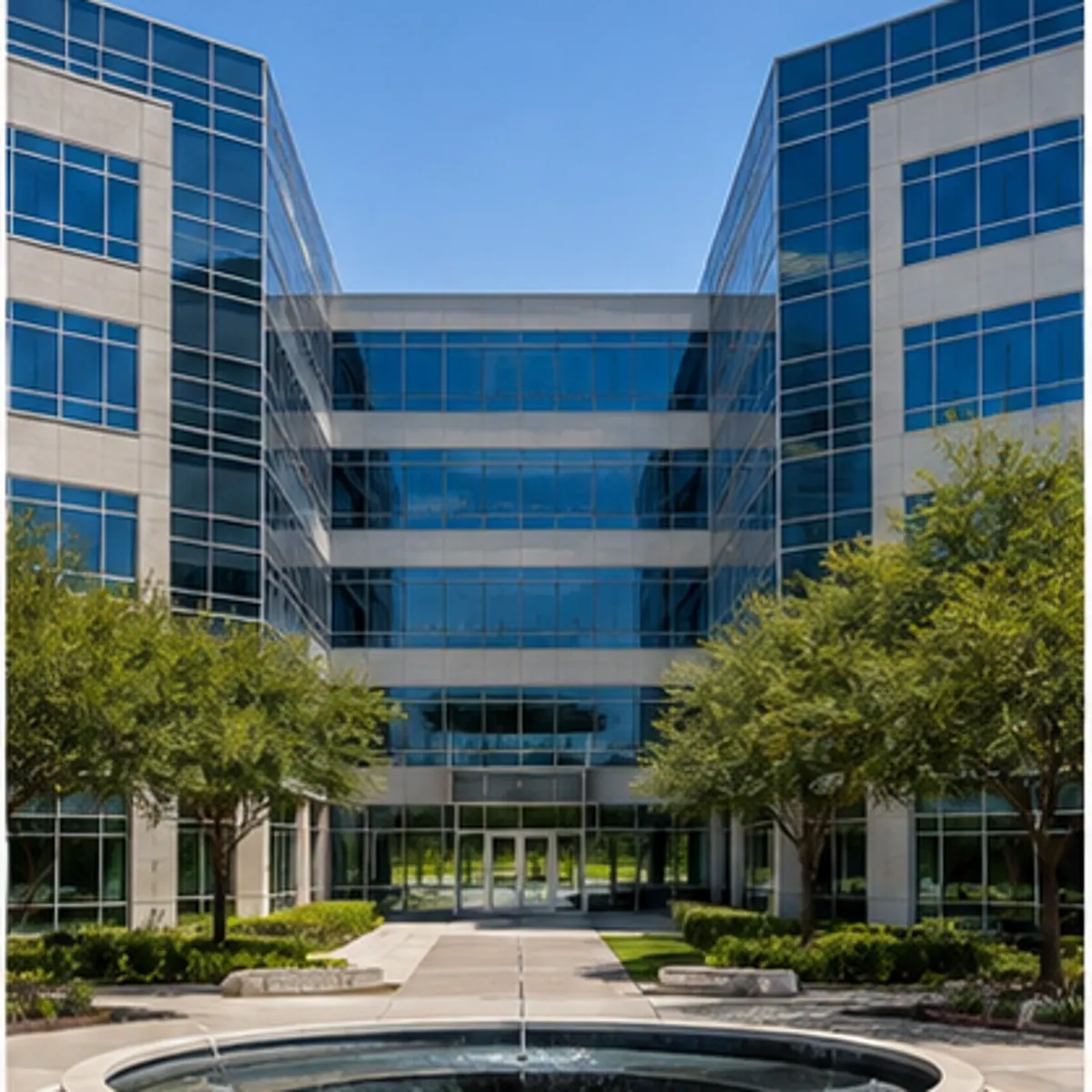 A landscaped courtyard between two glass office buildings in North Texas