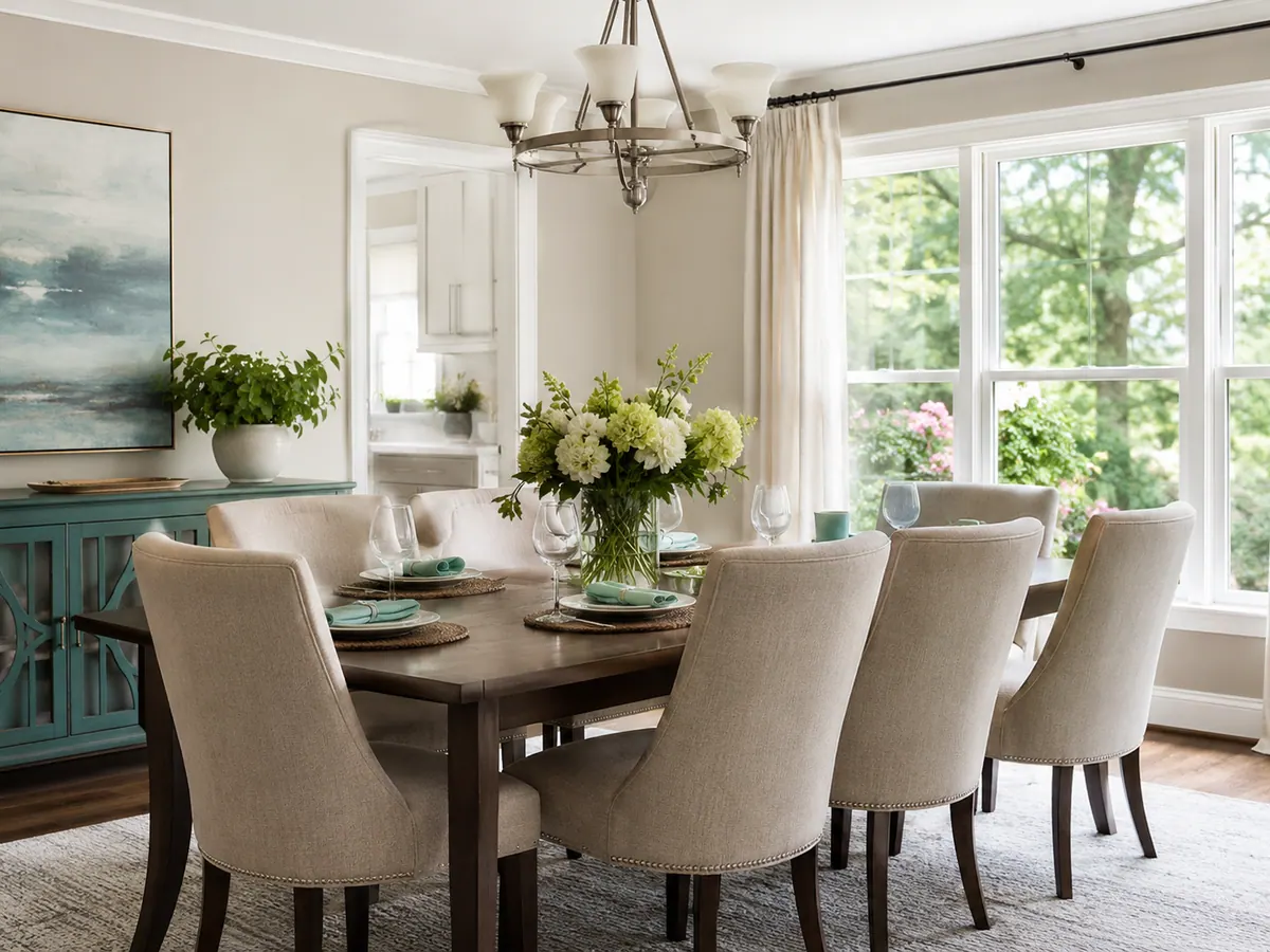 A set dining table with upholstered chairs, fresh flowers and a chandelier