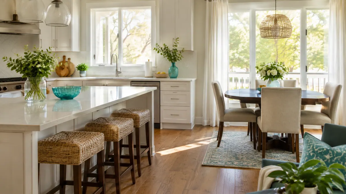 A bright kitchen with a breakfast nook, wooden bar stools and a round dining table