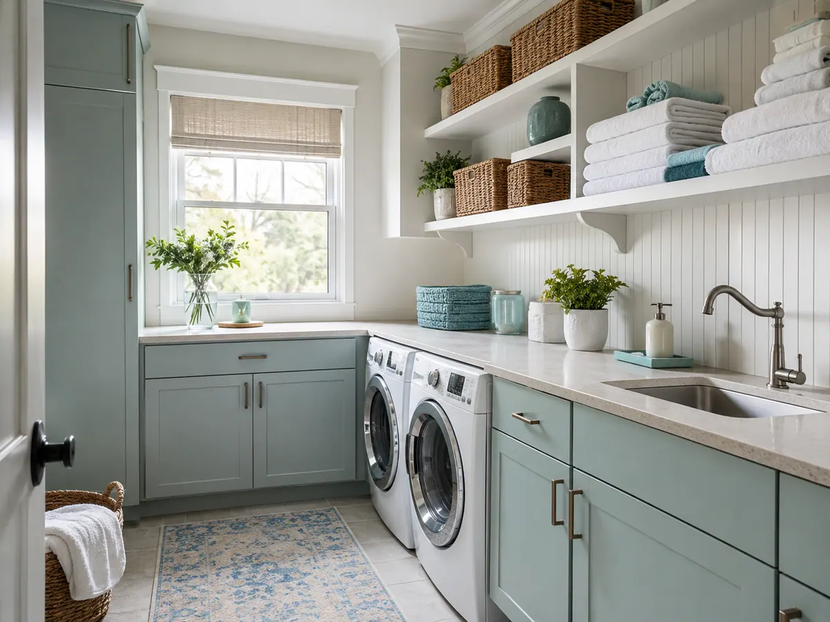 A tidy laundry room with sage cabinets, folded towels and a washer and dryer