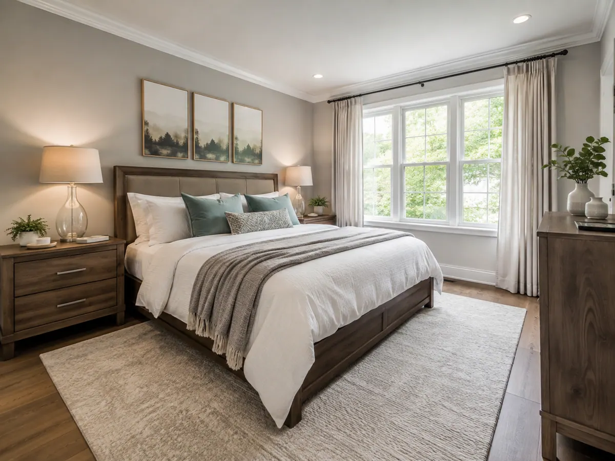 A neatly made bedroom with a bay window, bedside lamps and a folded throw