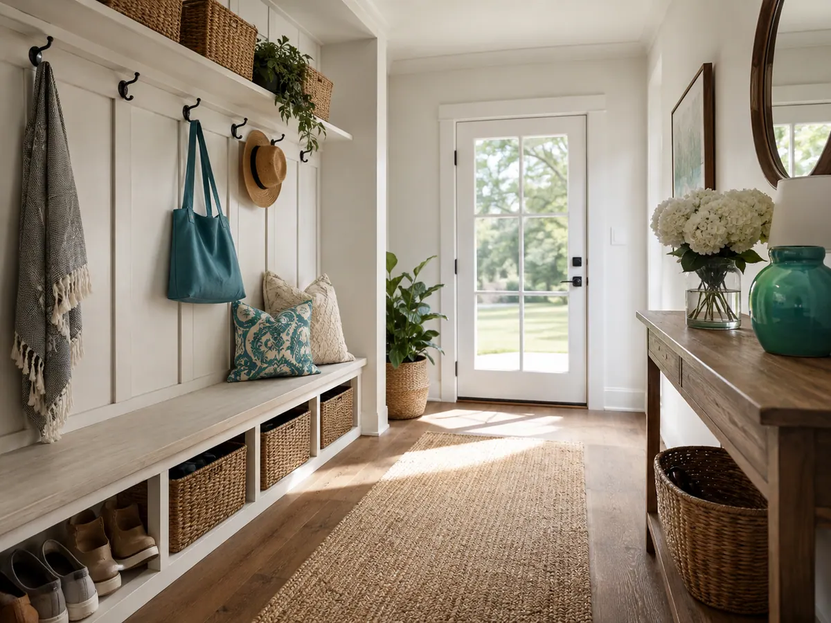 A mudroom bench with baskets, hooks and shoes lined up beside a bright front door