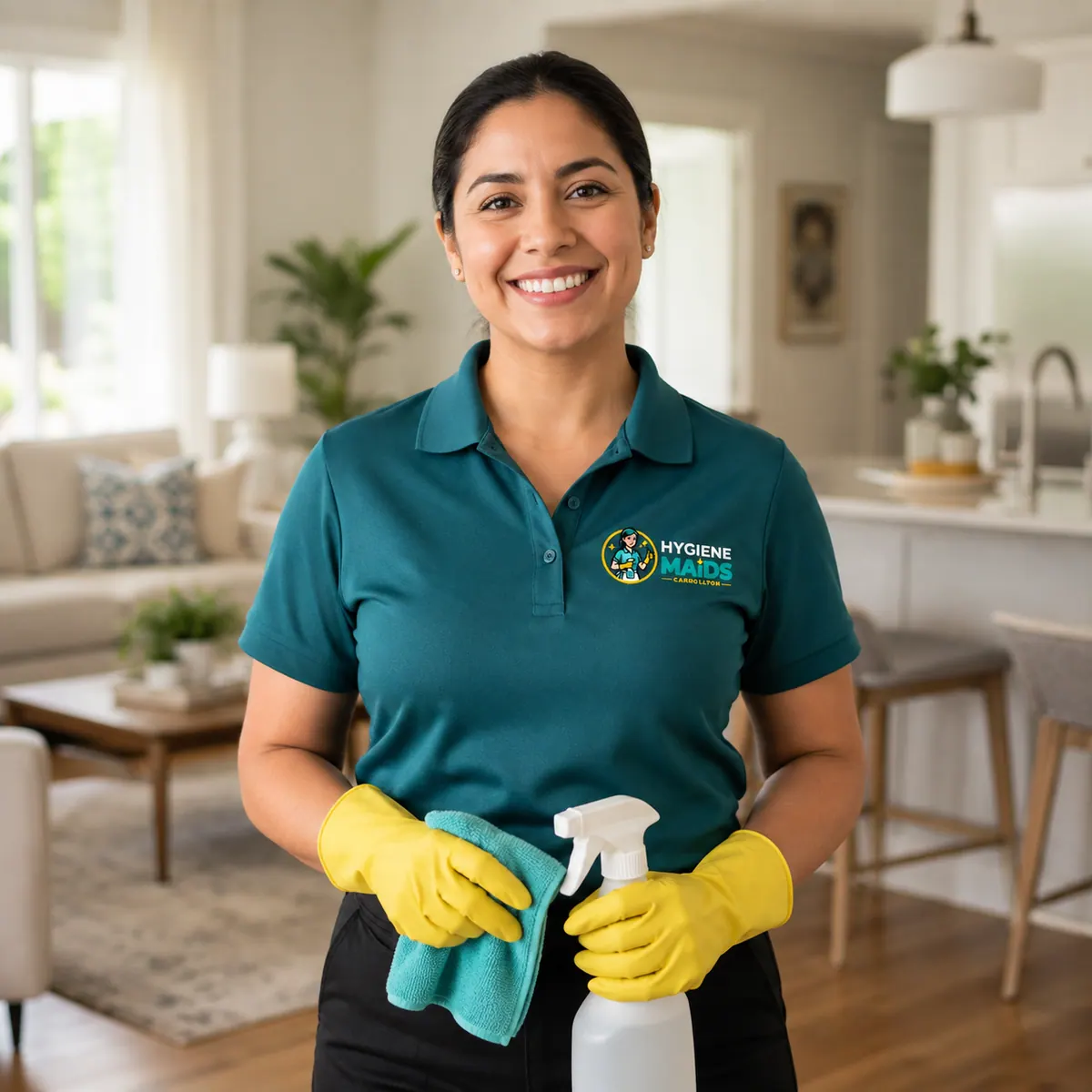 A Hygiene Maids of Carrollton cleaner in a teal uniform holding a spray bottle and microfiber cloth in a living room