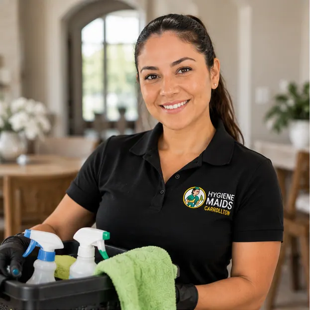 A Hygiene Maids of Carrollton cleaner carrying a caddy of cleaning supplies