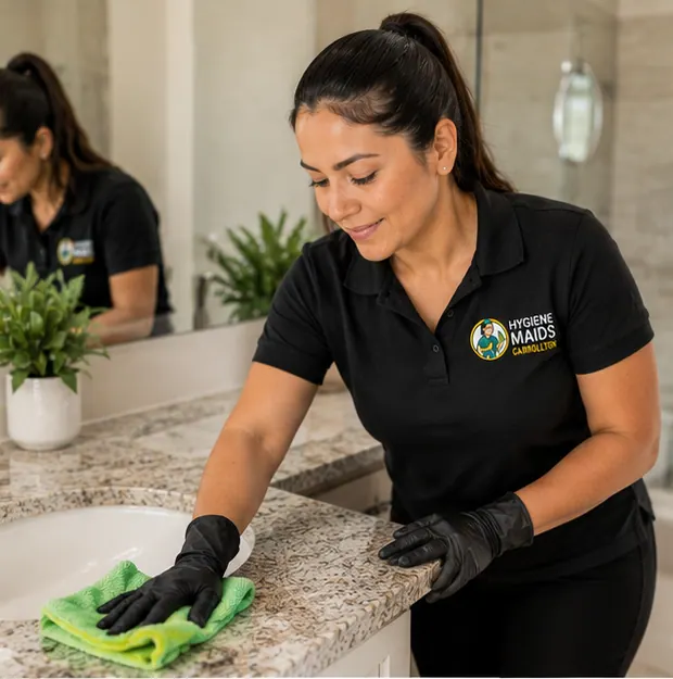 A cleaner wiping a granite bathroom vanity