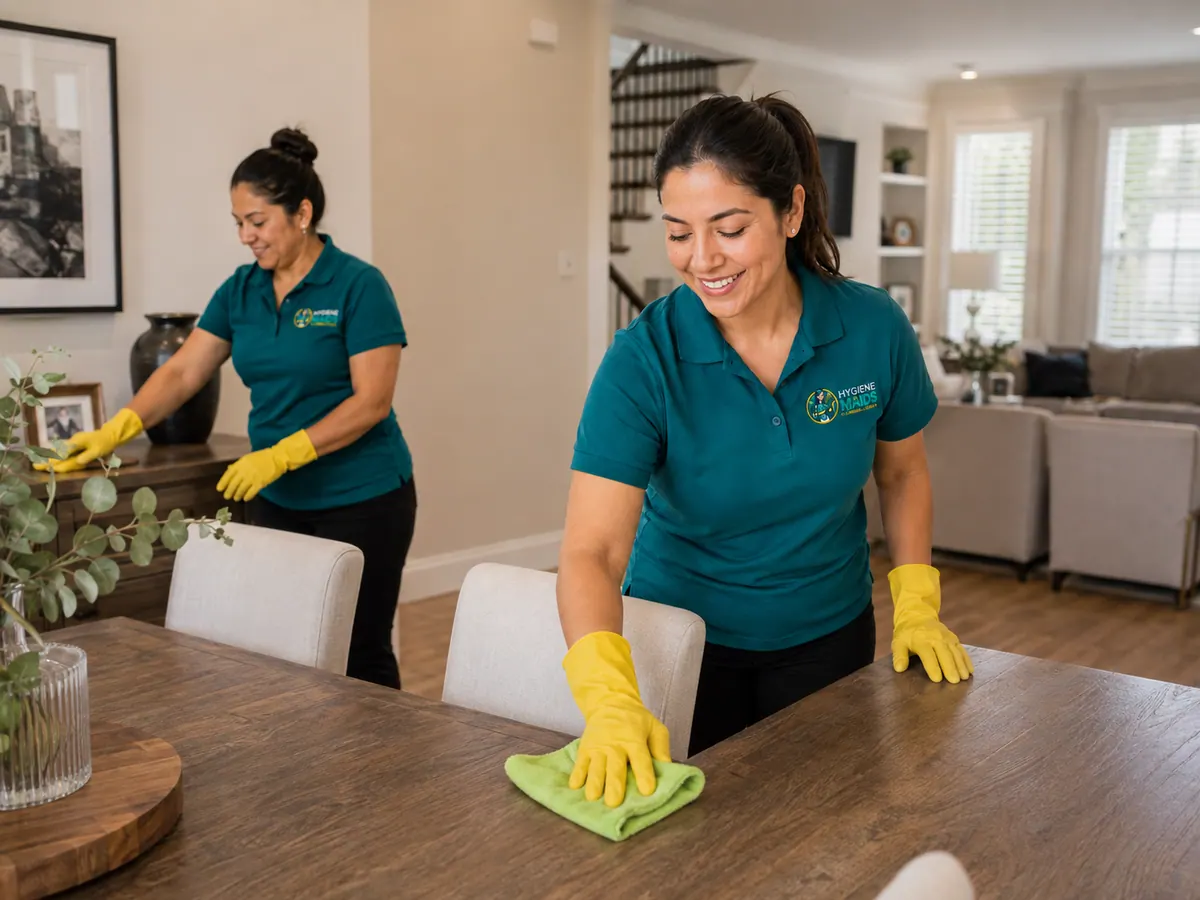Two cleaners wiping a dining table and dusting a console in a two-story home with a staircase behind them
