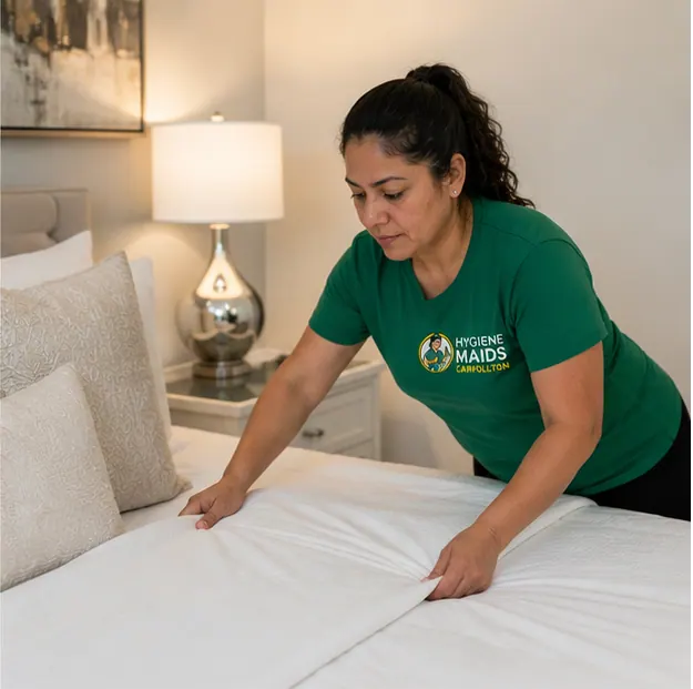 A cleaner smoothing a freshly made bed