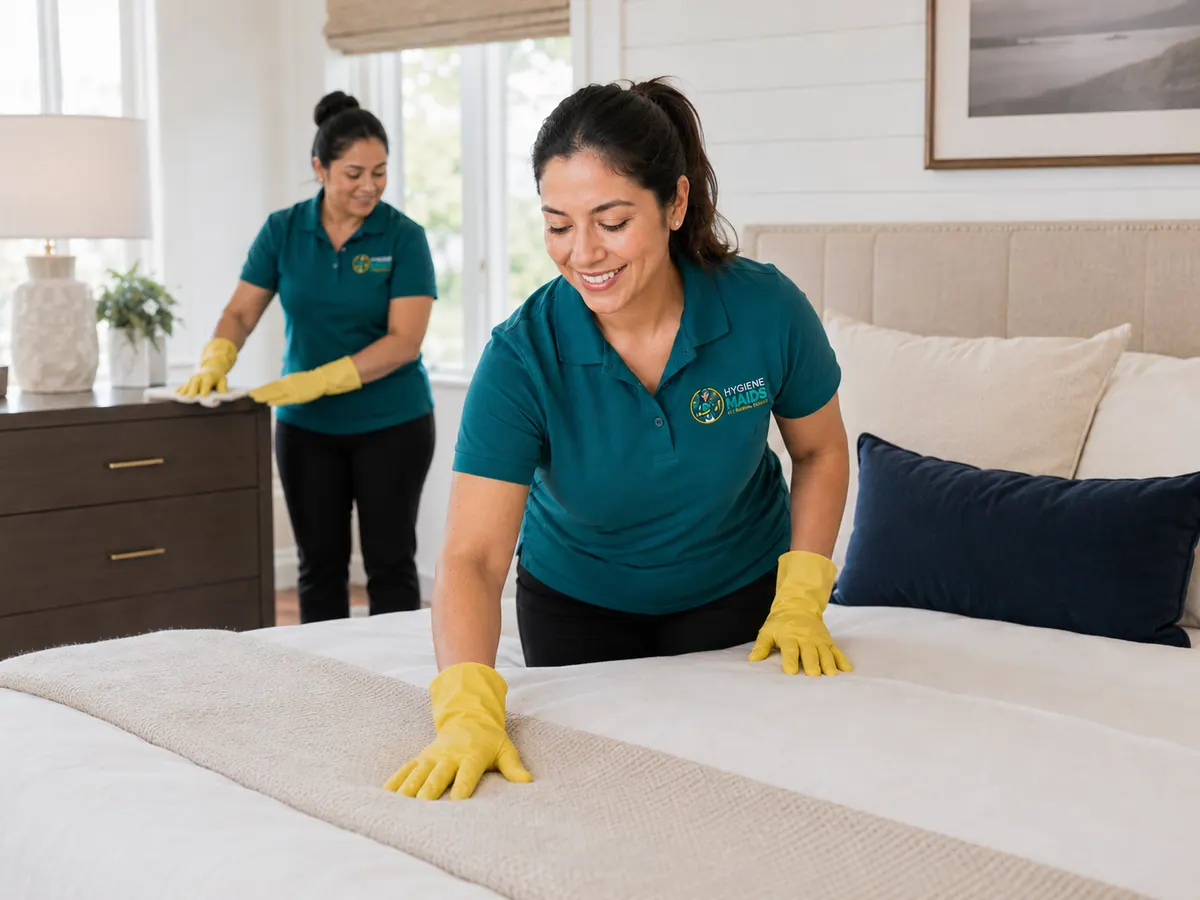 A cleaner smoothing a bed throw while a colleague dusts the dresser behind her