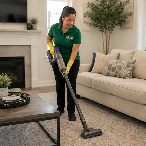 A cleaner vacuuming a living-room rug beside a stone fireplace
