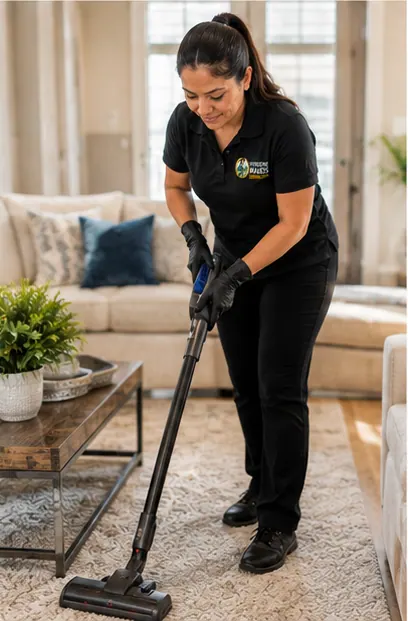 A cleaner vacuuming a rug in a furnished living room