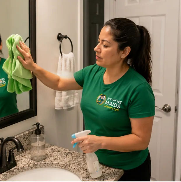 A cleaner wiping a bathroom mirror above a granite vanity