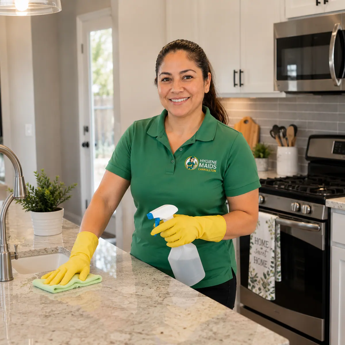 A cleaner wiping a granite kitchen counter beside the range